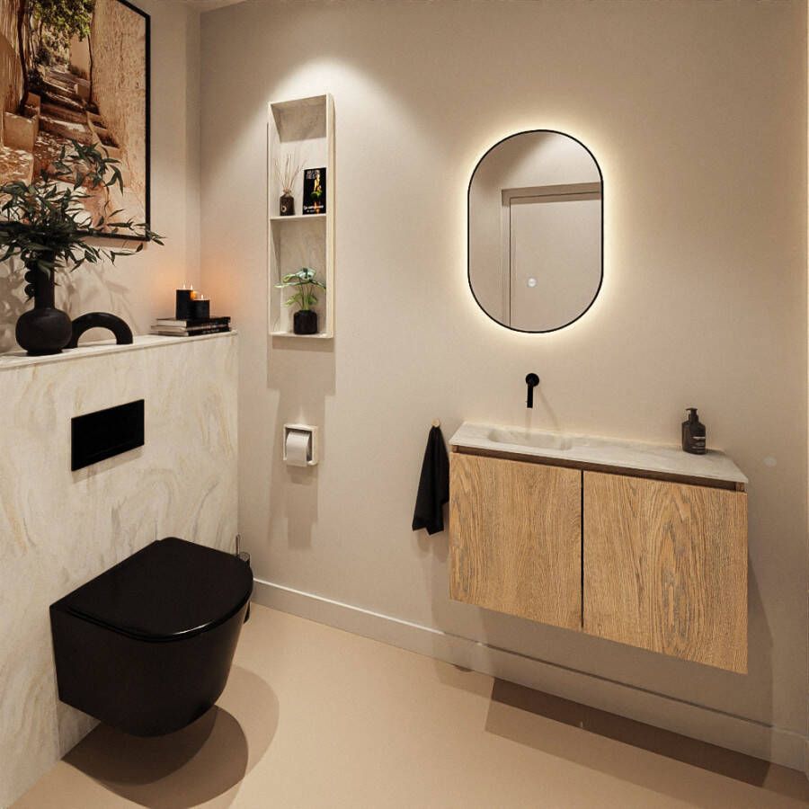 Mondiaz Toiletmeubel Ture Dlux | 80 cm | Meubelkleur Washed Oak | Eden wastafel Ostra Links | Zonder kraangat