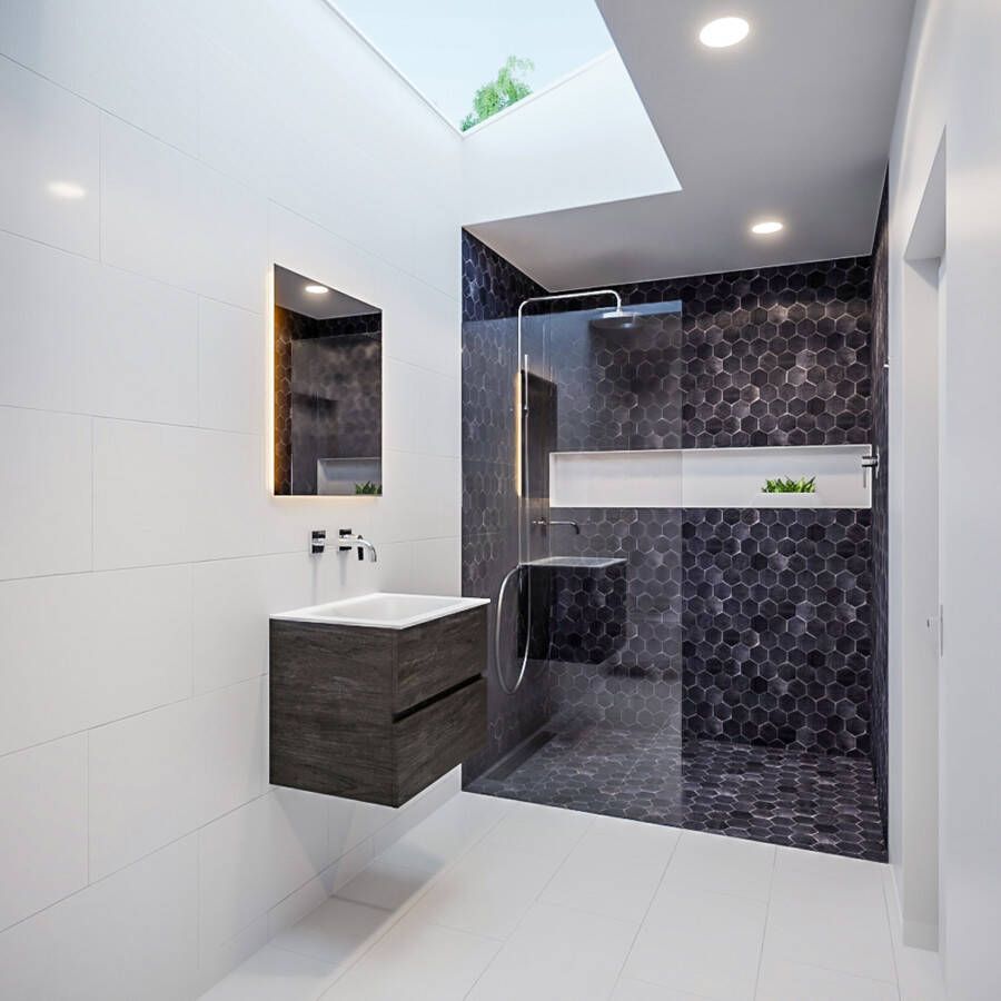 Mondiaz Vica Cloud badmeubel eiken donker bruin 60 cm 2 lades solid surface enkele spoelbak midden zonder kraangat - Foto 3