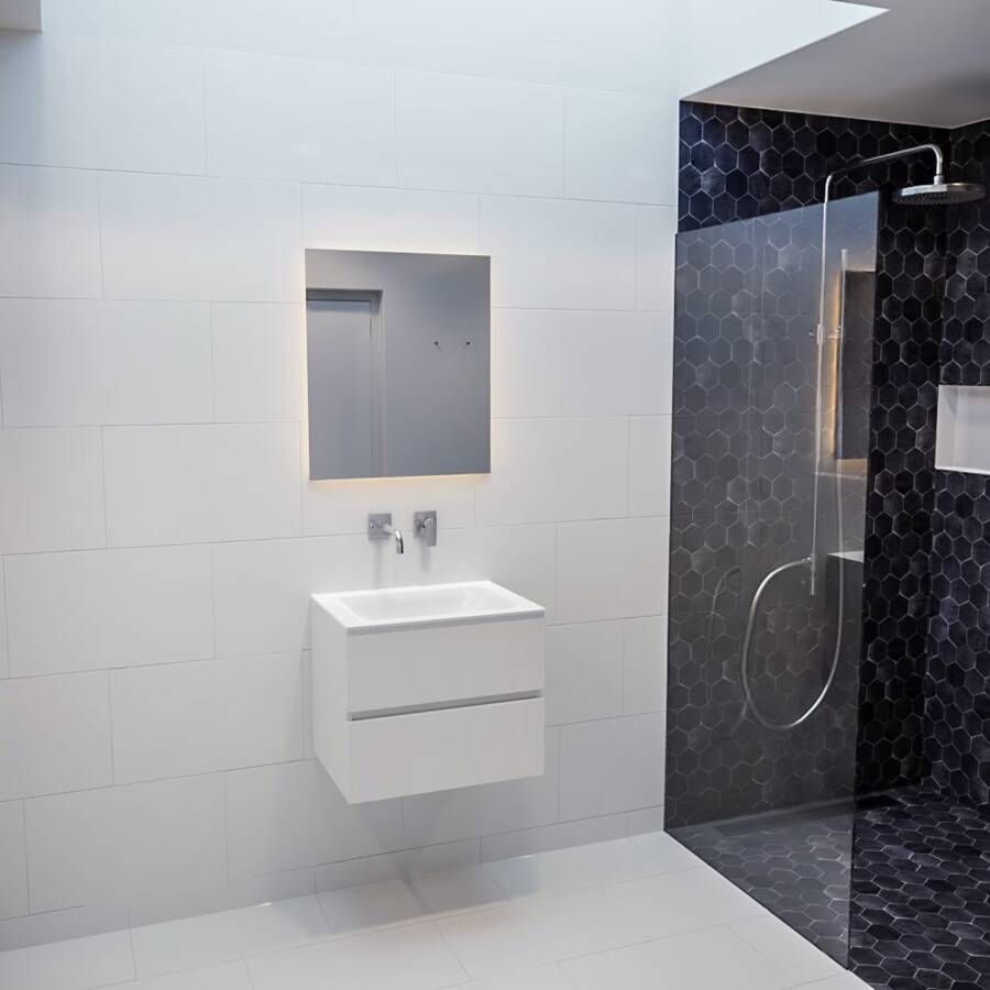 Mondiaz Vica Cloud badmeubel wit mat 60 cm 2 lades solid surface enkele spoelbak midden zonder kraangat