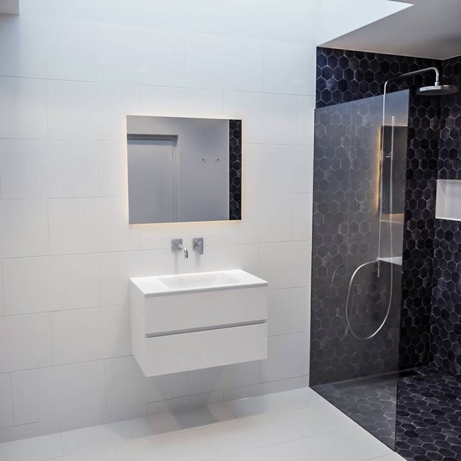 Mondiaz Vica Cloud badmeubel wit mat 80 cm 2 lades solid surface enkele spoelbak midden zonder kraangat