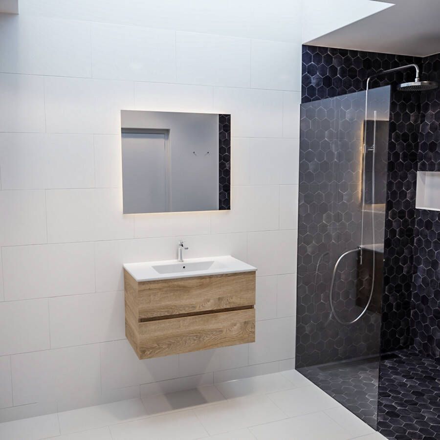 Mondiaz VICA Badkamermeubelset 80cm 2 lades wasbak Denia midden 1 kraangat solid surface washed oak PC75341319 - Foto 3