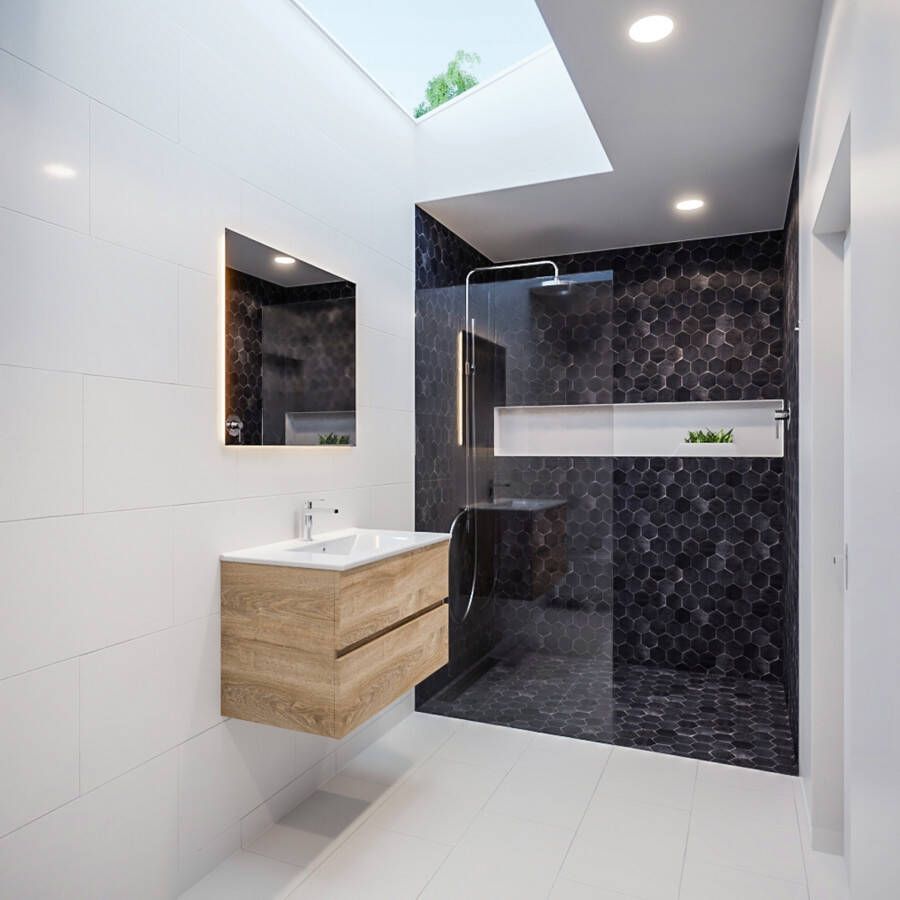Mondiaz VICA Badkamermeubelset 80cm 2 lades wasbak Denia midden 1 kraangat solid surface washed oak PC75341319 - Foto 4