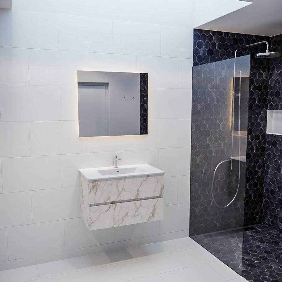 Mondiaz VICA Badkamermeubelset 80cm 2 lades wasbak Denia midden 1 kraangat solid surface carrara marmer PC75341575 - Foto 3