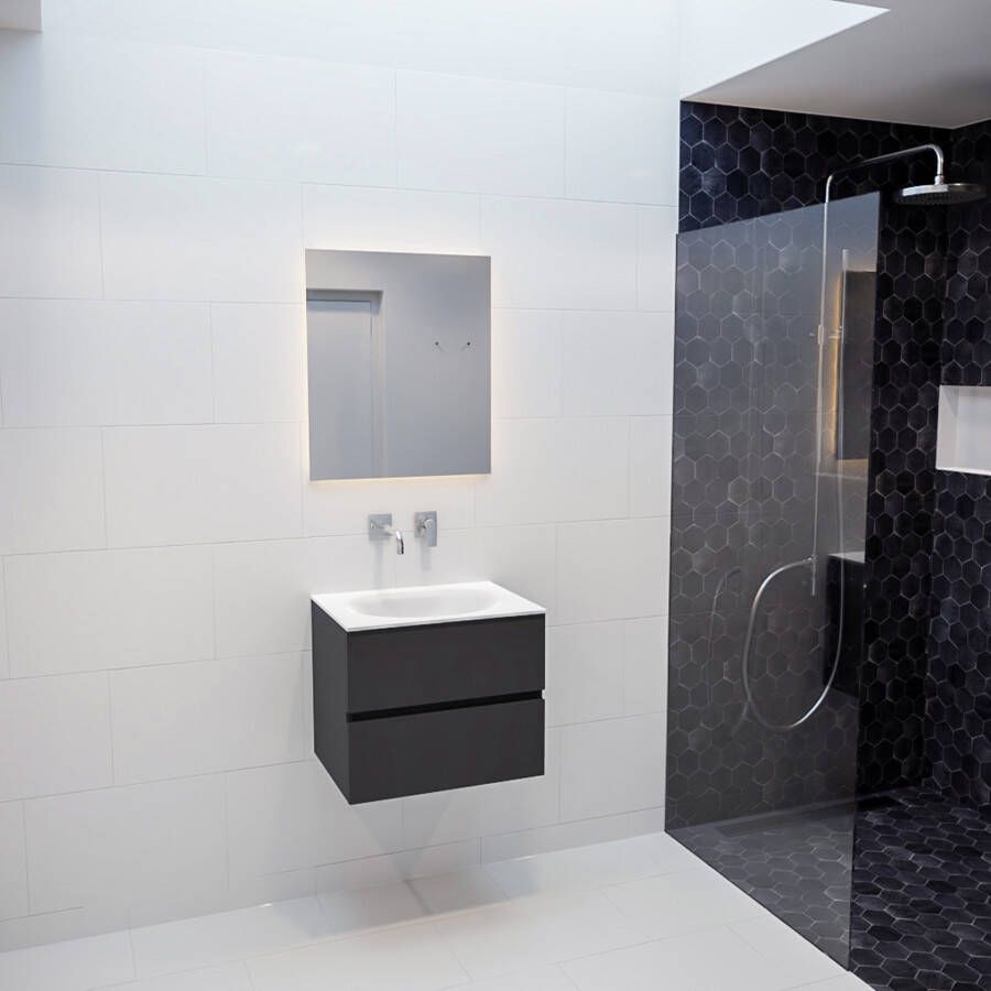 Mondiaz Vica Moon badmeubel antraciet mat 60 cm 2 lades solid surface enkele spoelbak midden zonder kraangat