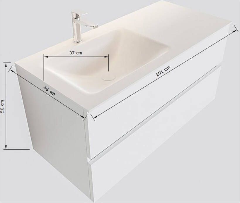 Mondiaz Vica Moon badmeubel eiken donker bruin 100 cm 2 lades solid surface enkele spoelbak links zonder kraangat