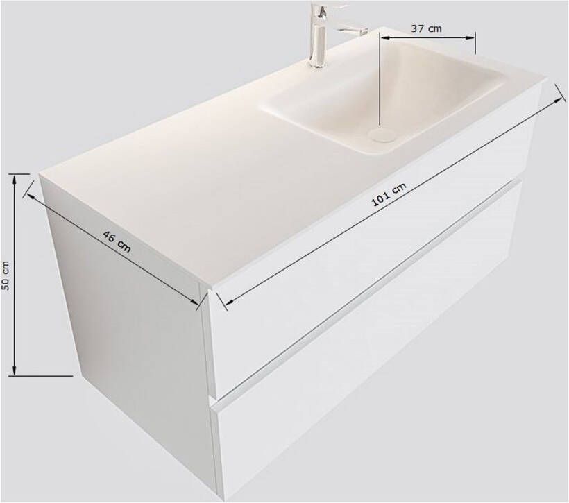 Mondiaz Vica Moon badmeubel eiken licht 100 cm 2 lades solid surface enkele spoelbak rechts zonder kraangat
