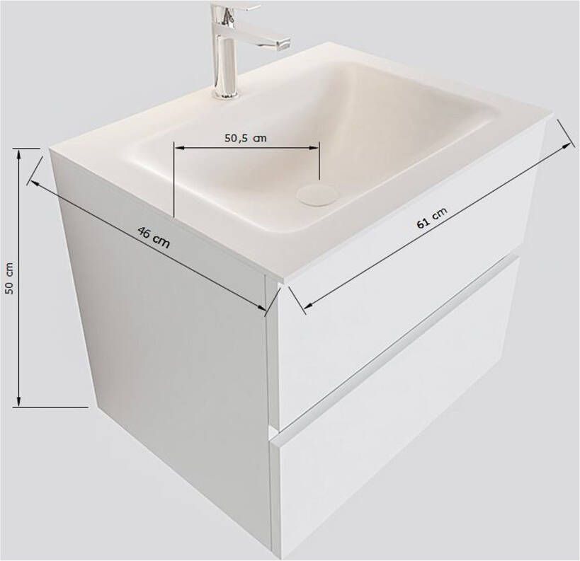 Mondiaz Vica Moon badmeubel eiken licht 60 cm 2 lades solid surface enkele spoelbak midden 1 kraangat