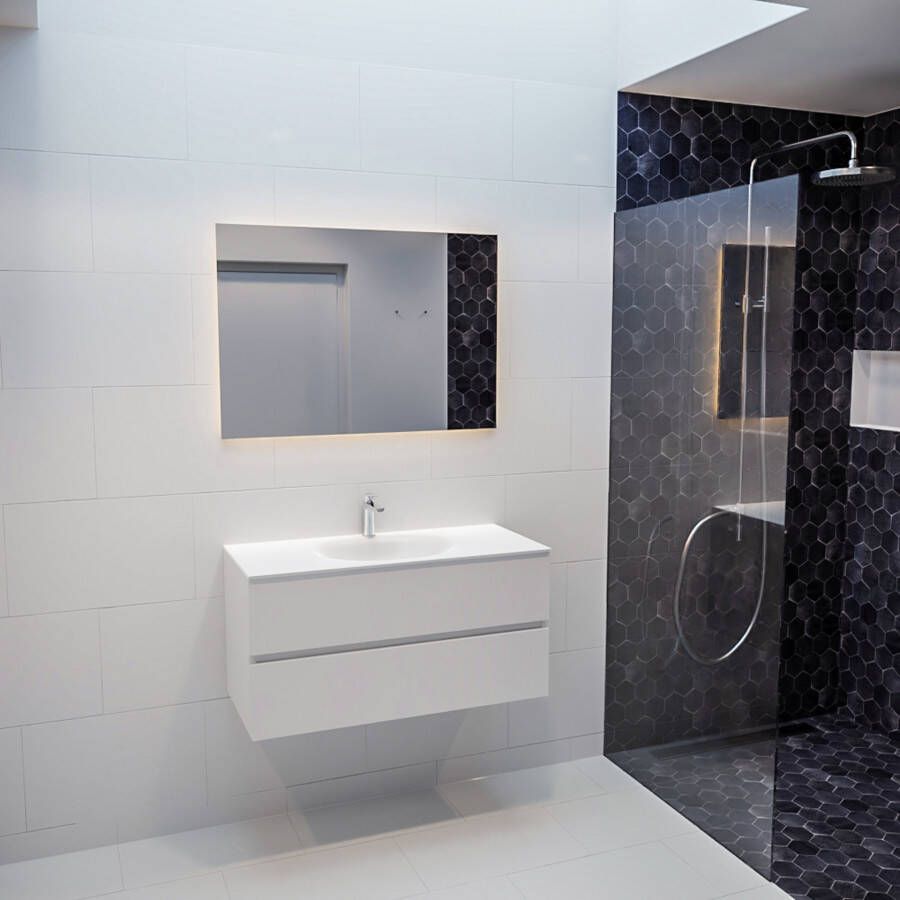 Mondiaz Vica Moon badmeubel wit mat 100 cm 2 lades solid surface enkele spoelbak midden 1 kraangat