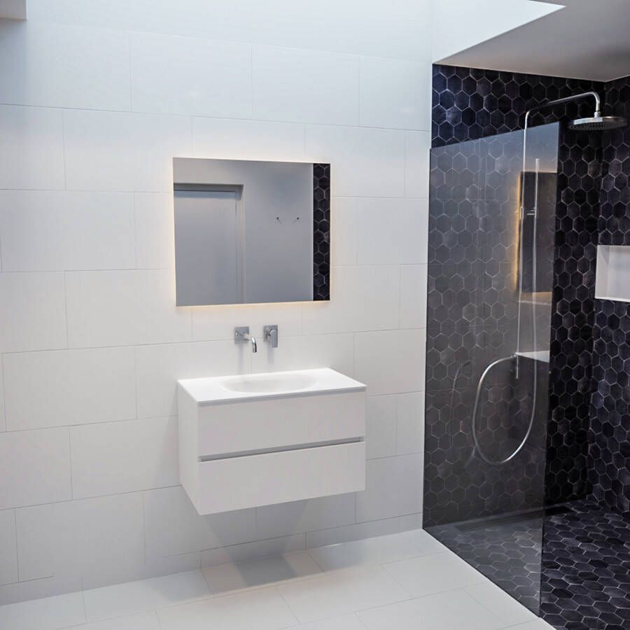Mondiaz Vica Moon badmeubel wit mat 80 cm 2 lades solid surface enkele spoelbak midden zonder kraangat
