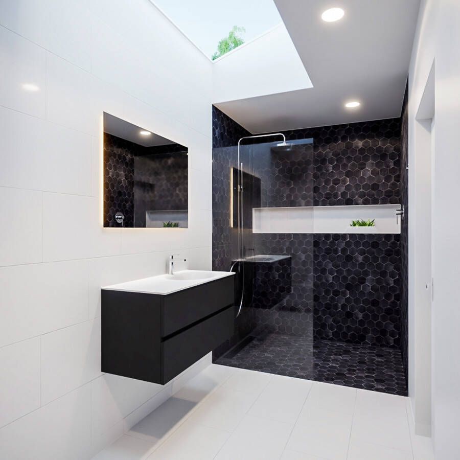 Mondiaz Vica Moon badmeubel zwart mat 100 cm 2 lades solid surface enkele spoelbak rechts 1 kraangat