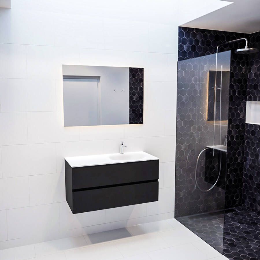 Mondiaz Vica Moon badmeubel zwart mat 100 cm 2 lades solid surface enkele spoelbak rechts 1 kraangat