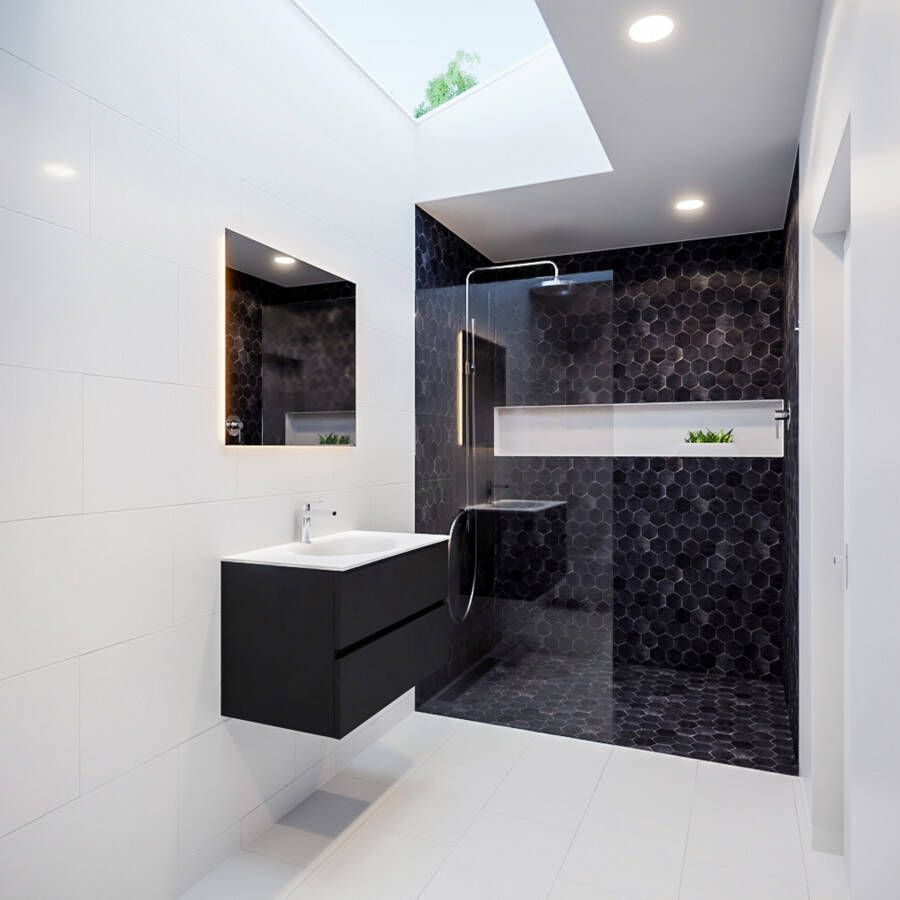 Mondiaz Vica Moon badmeubel zwart mat 80 cm 2 lades solid surface enkele spoelbak midden 1 kraangat