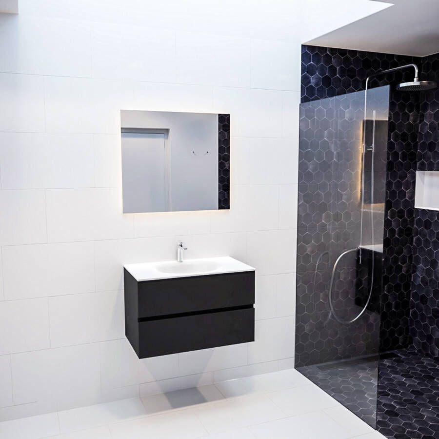 Mondiaz Vica Moon badmeubel zwart mat 80 cm 2 lades solid surface enkele spoelbak midden 1 kraangat