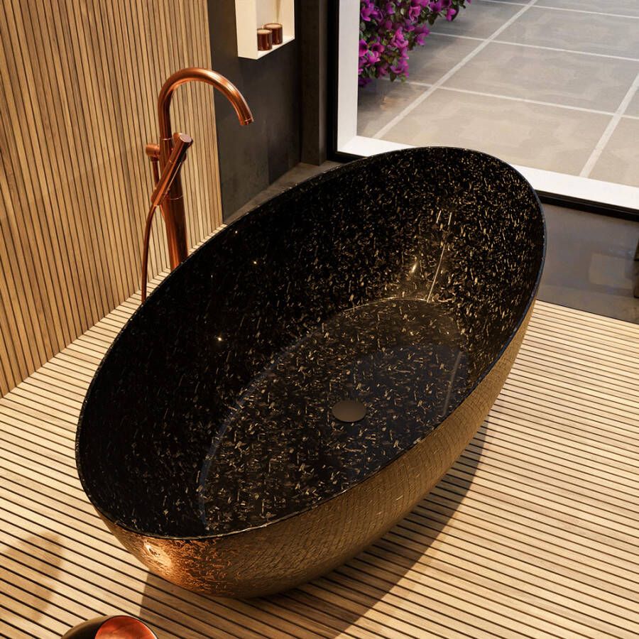 Mondiaz Vrijstaand bad Float | 170x80 cm | Incl.Badafvoer | Carbon | Ovaal | Flakes