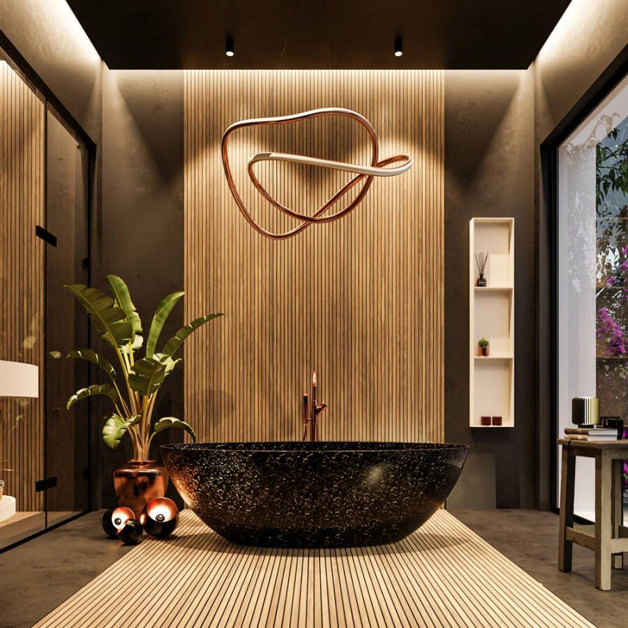 Mondiaz Vrijstaand bad Float | 170x80 cm | Incl.Badafvoer | Carbon | Ovaal | Flakes