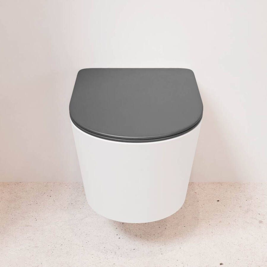 Mondiaz Wandcloset Lavie | Zonder spoelrand | Incl.Toiletzitting-Dark Grey | Keramiek | Talc (wit mat)