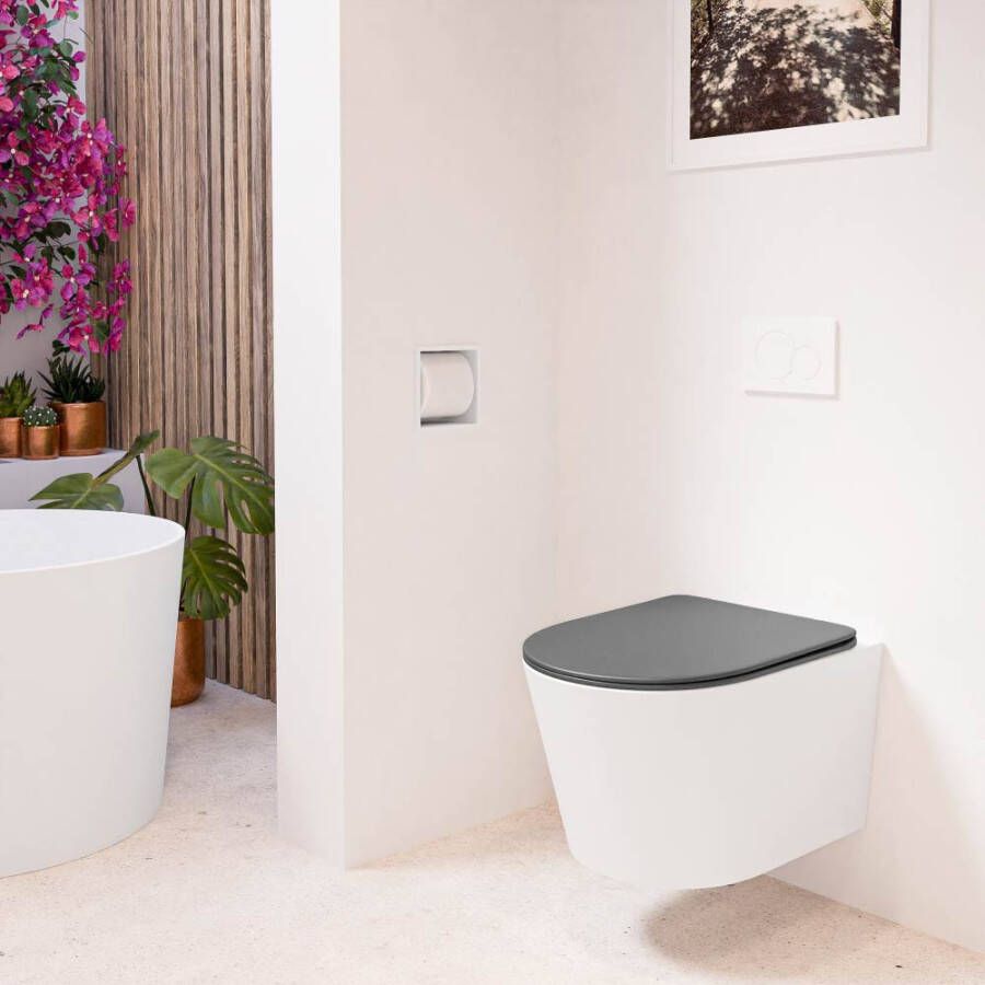 Mondiaz Wandcloset Lavie | Zonder spoelrand | Incl.Toiletzitting-Dark Grey | Keramiek | Talc (wit mat)