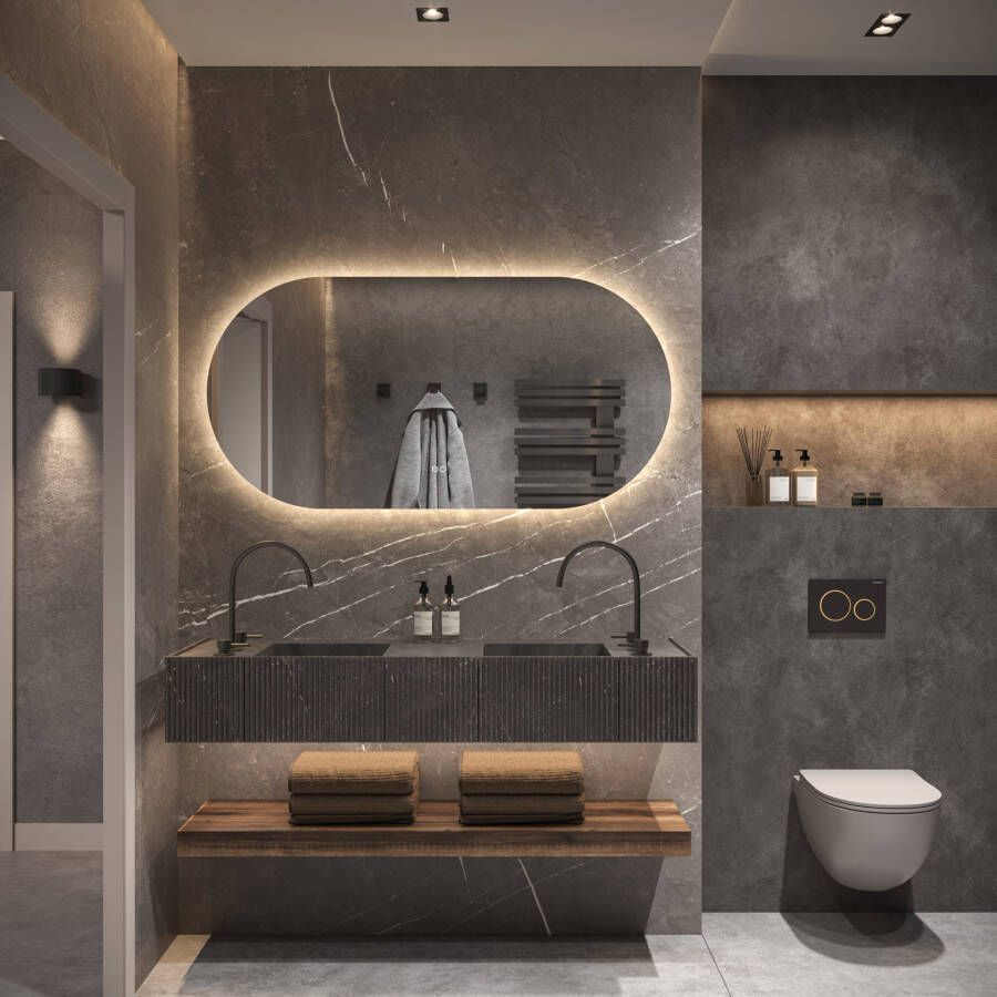 Phantom Badkamerspiegel | 100x70 cm | Ovaal | Directe en indirecte LED verlichting | Touch button | Met spiegelverwarming