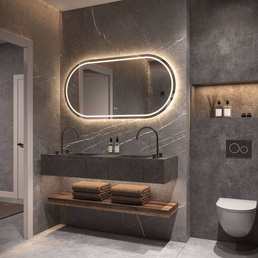 Phantom Badkamerspiegel | 100x70 cm | Ovaal | Directe en indirecte LED verlichting | Touch button | Met spiegelverwarming