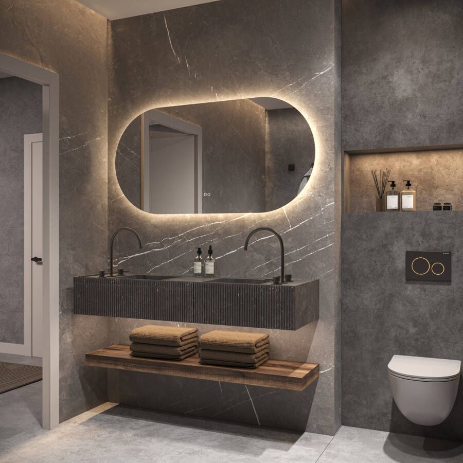 Phantom Badkamerspiegel | 100x70 cm | Ovaal | Directe en indirecte LED verlichting | Touch button | Met spiegelverwarming