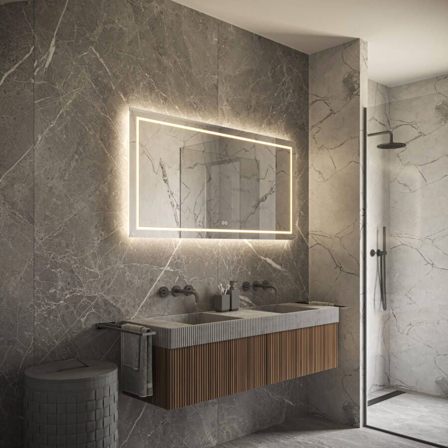 Phantom Badkamerspiegel | 100x70 cm | Rechthoekig | Directe en indirecte LED verlichting | Touch button | Met spiegelverwarming