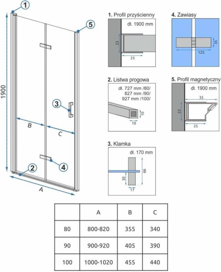 REA Douchedeur Moiler | 80x190 cm | Nisdeur t.b.v. Molier Zijwand | Helder glas | Zwart mat