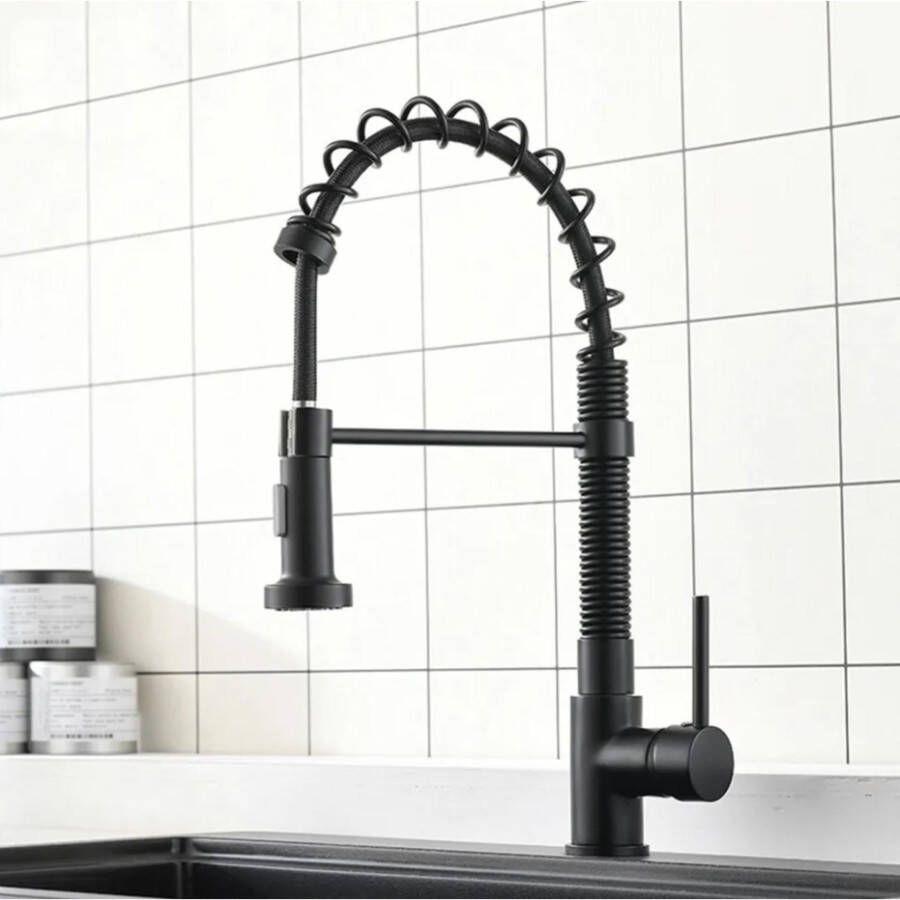 REA Keukenkraan Spring | Opbouw | Mengkraan | Uitloop draaibaar | Uitrekbare sproeier | Hoog model | 1-hendel | Zwart mat