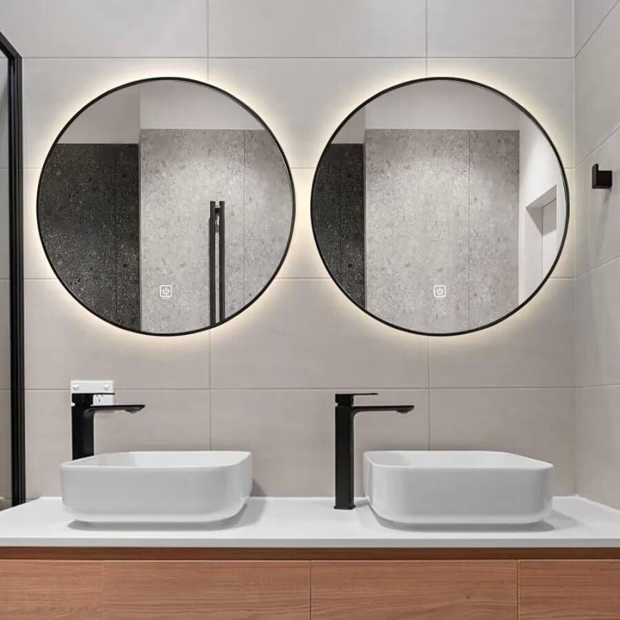 SaniClear Badkamerspiegel Circle Black | 80x80 cm | Set van 2 | Indirecte verlichting | Touch button | Met spiegelverwarming