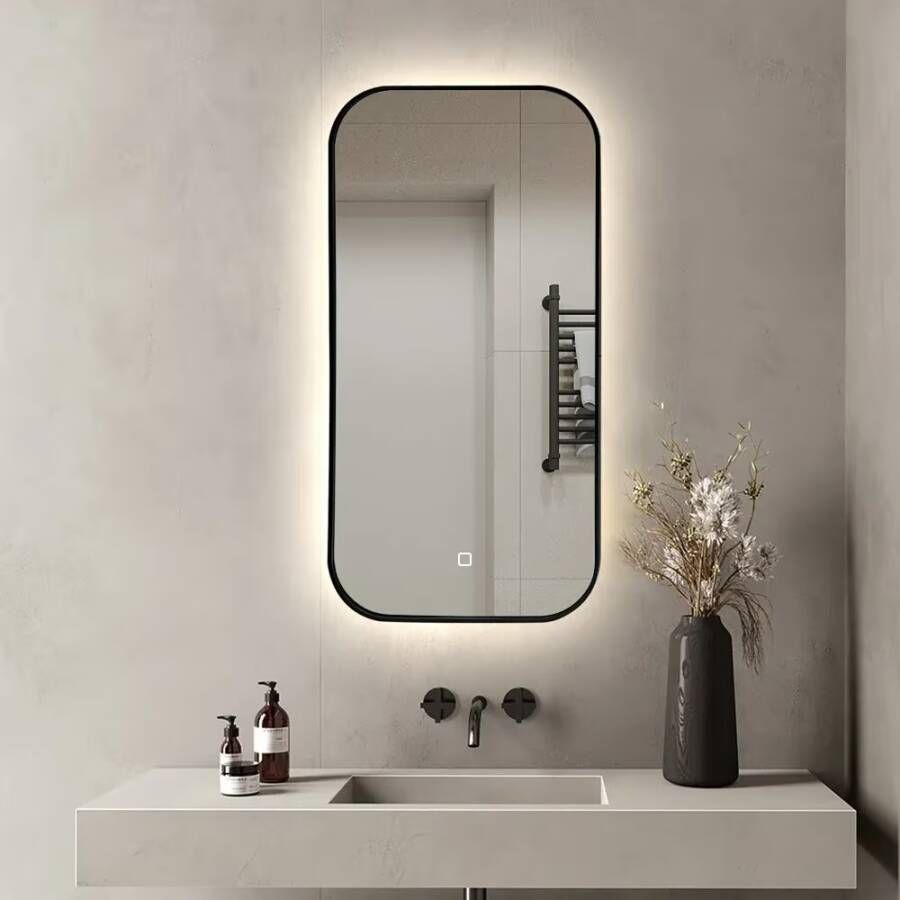 SaniClear Badkamerspiegel Denver | 50x100 cm | Indirecte verlichting | Touch button | Met spiegelverwarming | Zwart frame