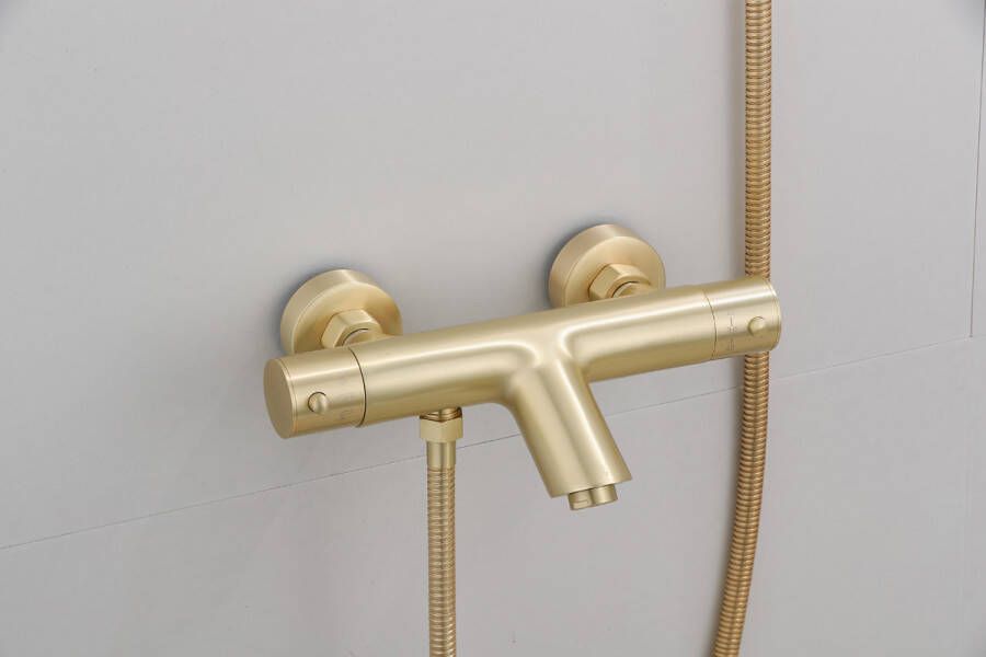 SaniClear Badkraan Brass | Opbouw | Thermostaatkraan | Incl.Handdoucheset | 2-weg | hoh 15 cm | 2-knops | Rond | Messing mat