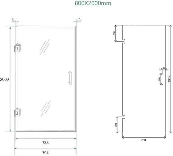 SaniClear Douchedeur Antique | 80x200 cm | Profielloze | Draaideur | Helder glas | Verouderd messing beslag