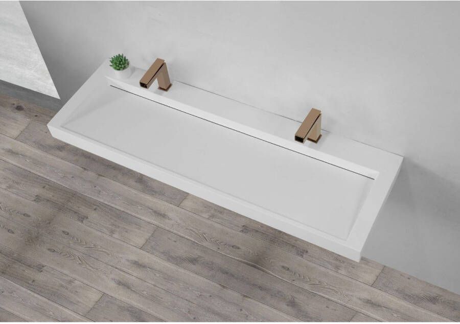 SaniClear Hoya wastafel met 2 kraangaten 160x45.5x11 cm solid surface wit mat