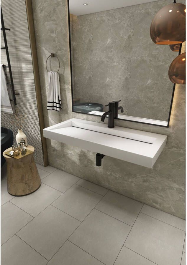 SaniClear Hoya wastafel met kraangat 100x45.5x8 cm solid surface wit mat