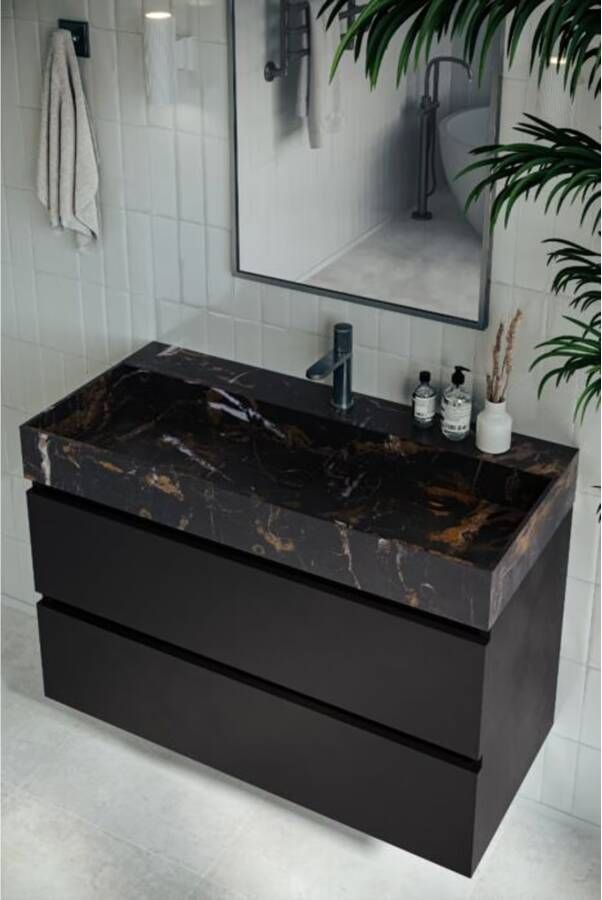 SaniClear Portoro Gold | Marmer | Op meubel | 1 kraangat | Rechthoek | Zwart Marmer