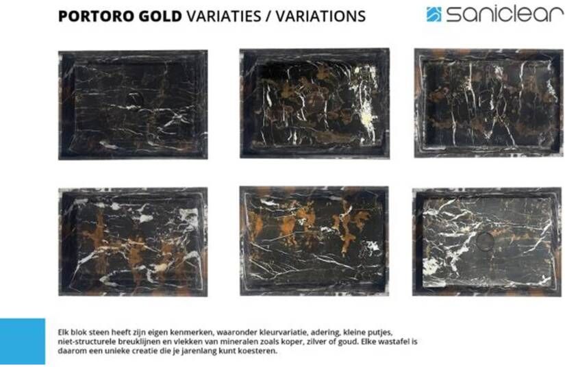 SaniClear Portoro Gold | Marmer | Op meubel | 1 kraangat | Rechthoek | Zwart Marmer