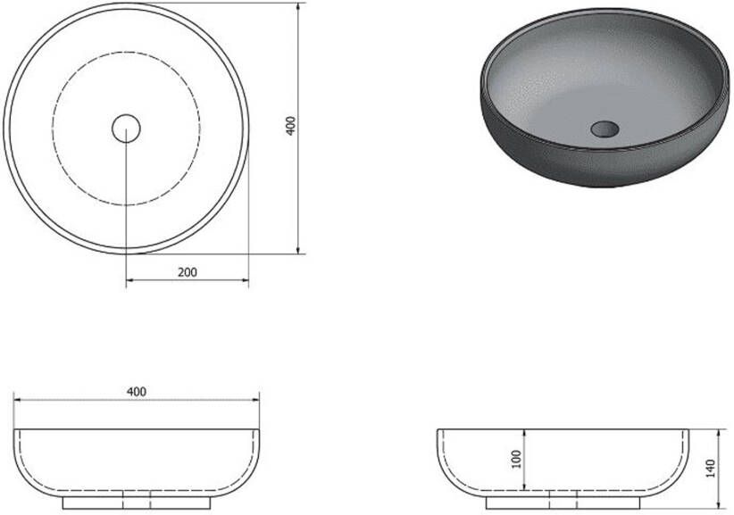 SaniClear Waskom Raja | 40 cm | Keramiek | Vrijstaand | Rond | Zwart mat