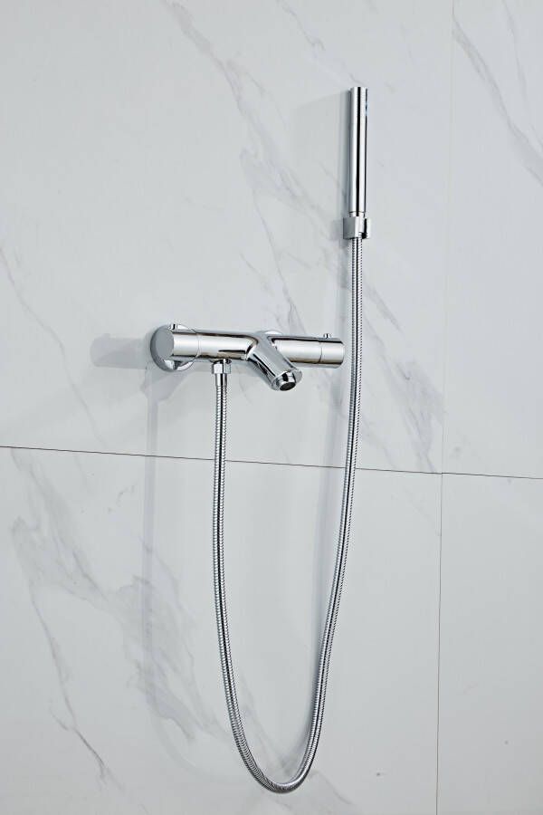 SaniClear Badkraan Shine | Opbouw | Thermostaatkraan | Incl.Handdoucheset | 2-weg | hoh 15 cm | 2-knops | Rond | Chroom