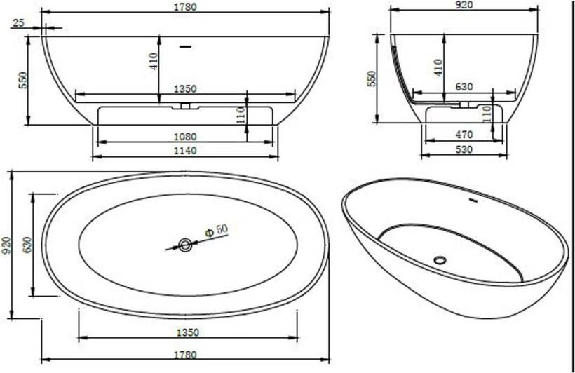 SaniClear Vrijstaand bad Stilo | 178x92 cm | Solid surface | Ovaal | Wit