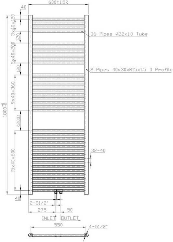 Sanisupply Lydia radiator 180x60 cm midden-onderaansluiting grafiet