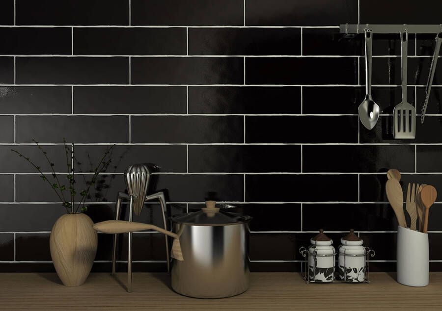 Sottocer Block Wandtegel | 7.6x30.2 cm | Glans Zwart