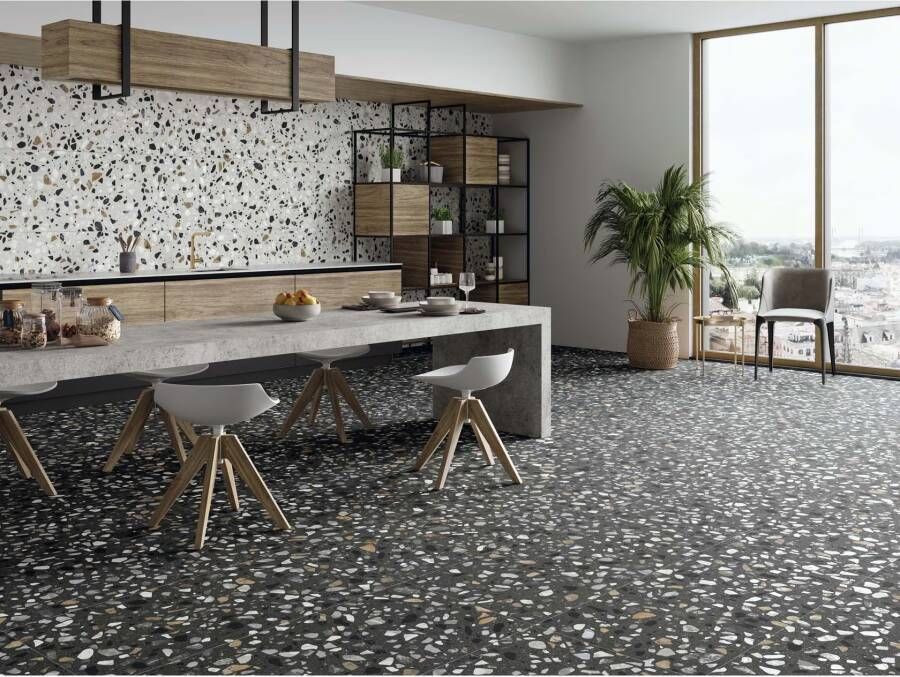 STN Cerámica Crisp XL Vloer- en wandtegel | 59.5x119 cm | Gerectificeerd | Terrazzo | Mat Zwart