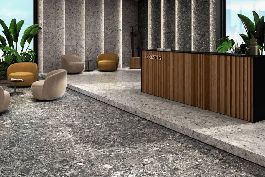 STN Cerámica Inlay Vloer- en wandtegel | 60x120 cm | Gerectificeerd | Terrazzo | Mat Lichtgrijs