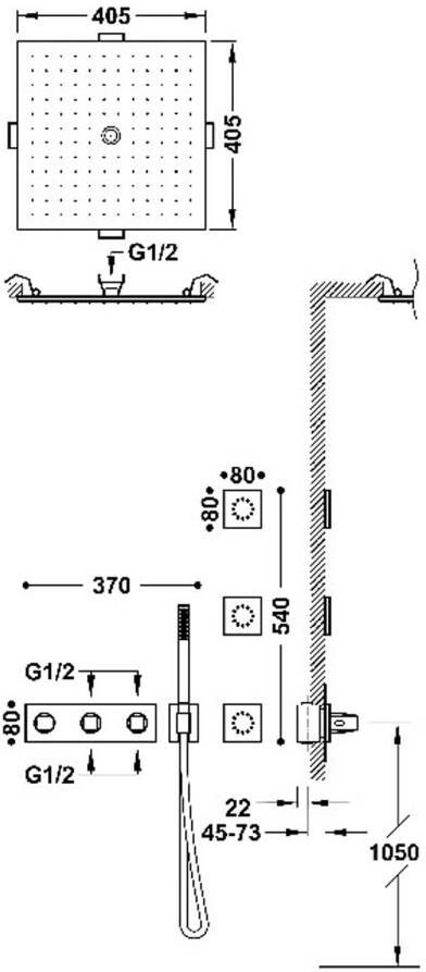 Tres Regendouche set B-System | Inbouw | Thermostaatkraan | 4-weg | Rechthoekig | 24k Goud mat