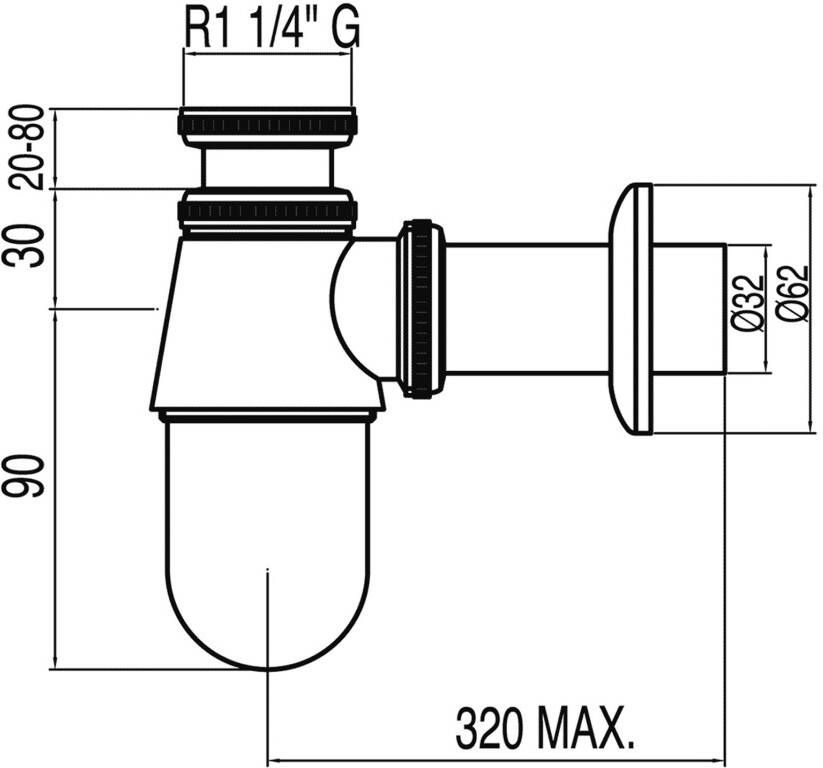 Tres Bekersifon Botella | 5 4" | Standaard | Messing | Rond | Messing mat