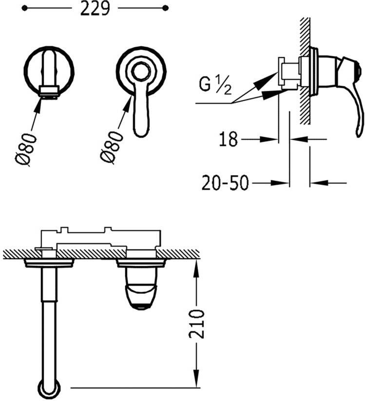 Tres Wastafelkraan Clasic | Inbouw | Mengkraan | Incl.Inbouwdeel | Vintage | Messing mat