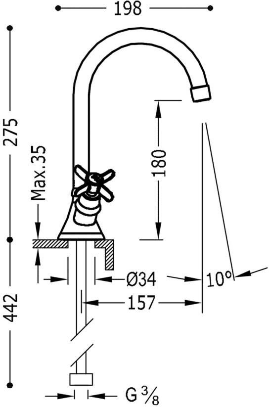 Tres Wastafelkraan Clasic | Opbouw | Draaibare uitloop | Mengkraan | Hoog model | 2-knops | Vintage | Messing oud