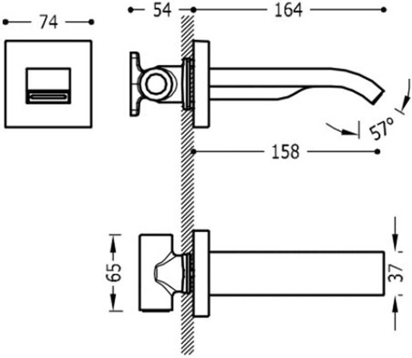 Tres Complementos inbouw uitloop waterval 16 cm messing wit mat