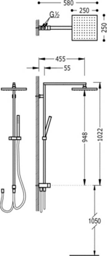 Tres Cuadro glijstang set met regendouche 95 cm vierkant chroom