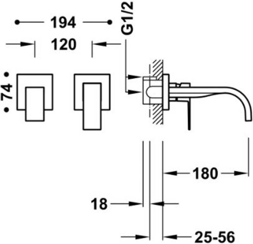 Tres Cuadro inbouw wastafelkraan uitloop 18 cm vierkant chroom