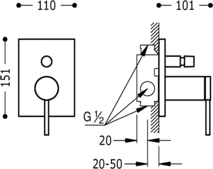 Tres Douchekraan MonoTerm | Inbouw | Mengkraan | Excl.Inbouwdeel | 2-weg | Vierkant | Chroom